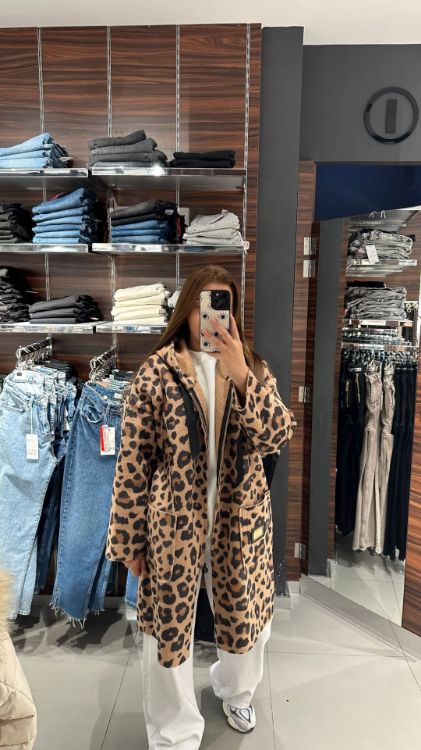 Leopar Desen Kapüşonlu Yumuşak Mont-Kahverengi 37821 resmi