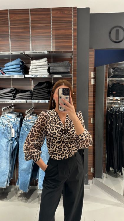 Degaje Yaka Leopar Desen Bluz-Kahverengi 2770 resmi