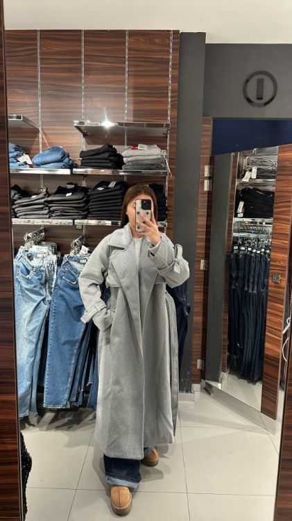 Kuşaklı Oversize Kaşe Kaban-Gri 500004 resmi