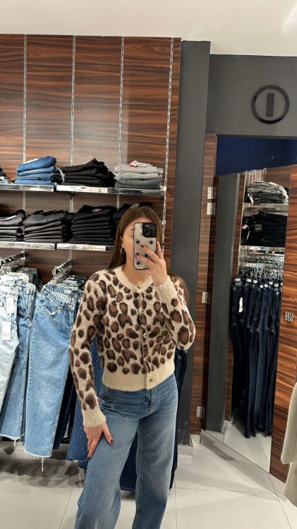 Leopar Desen Yumoş Hırka-Kahverengi 3448 resmi