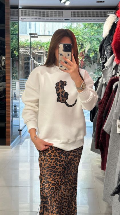 Leopar Figürlü Sweat-Beyaz 3681 resmi